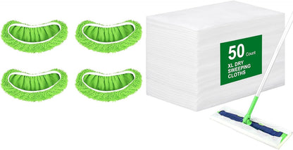 50 Count Disposable XL Dry Sweeping Cloths + 4 Pack Reusable Microfiber Mop Pads for Swiffer Sweeper XL Mop V1258-DP02-F-253
