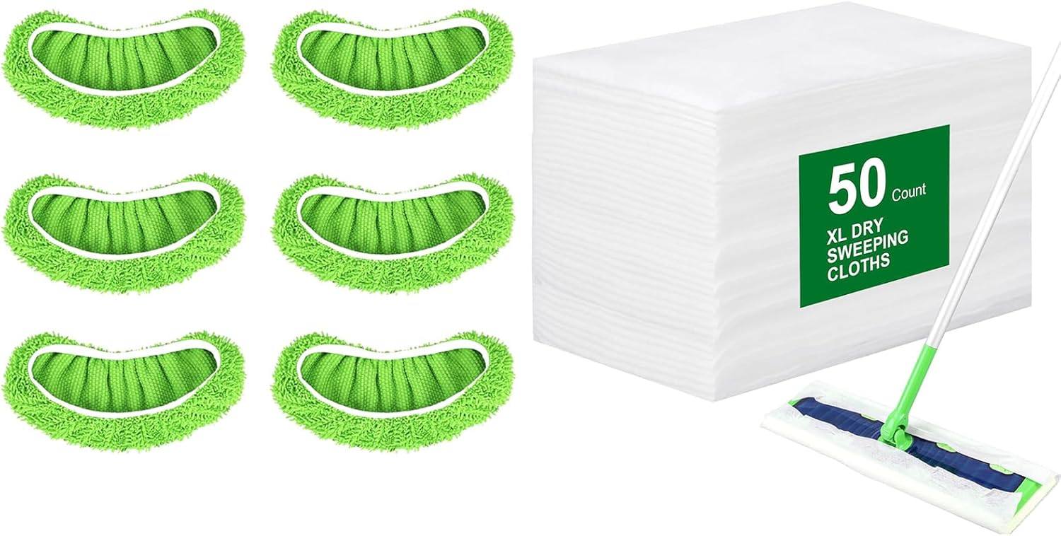 50 Count Disposable XL Dry Sweeping Cloths + 6 Pack Reusable Microfiber Mop Pads for Swiffer Sweeper XL Mop V1258-DP02-F-254