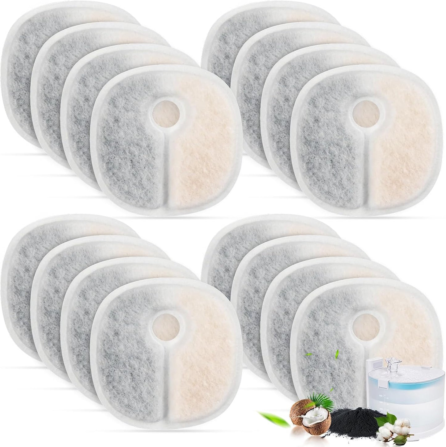 Filter Replacements Compatible with E1/E1+ Cat Fountain (2L/67oz), 16 Pack refills of 1 Year Set for Pet V1258-DP02-F-264
