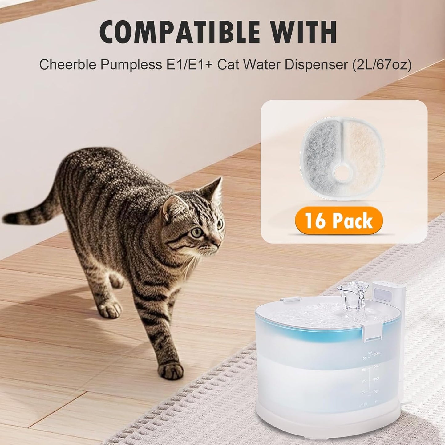 Filter Replacements Compatible with E1/E1+ Cat Fountain (2L/67oz), 16 Pack refills of 1 Year Set for Pet V1258-DP02-F-264