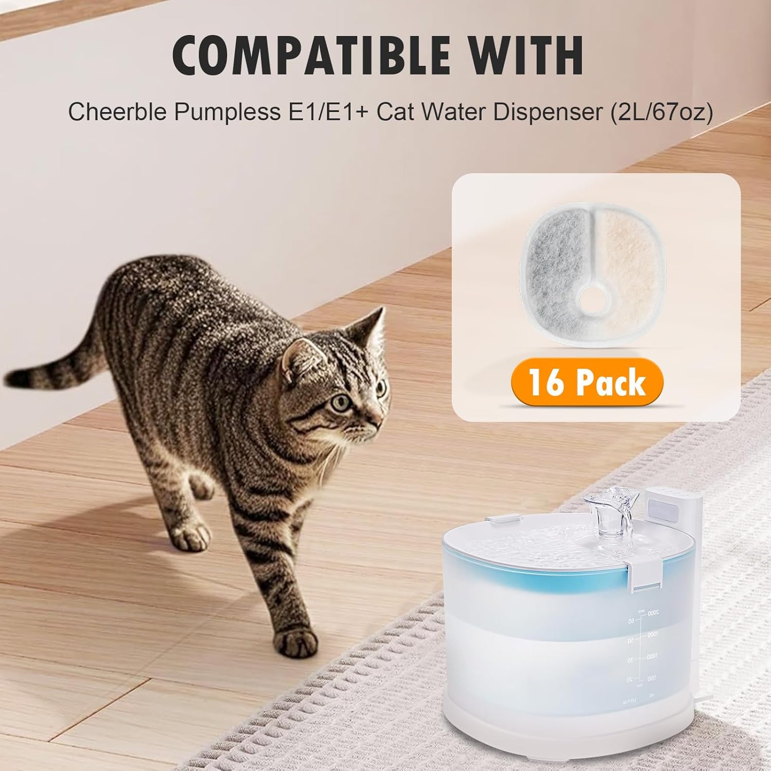 Filter Replacements Compatible with E1/E1+ Cat Fountain (2L/67oz), 16 Pack refills of 1 Year Set for Pet V1258-DP02-F-264