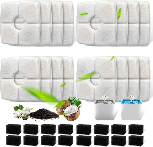 Replacement Filters & Pre-Filter Sponges (16 + 16 Pack) for Veken 84 oz / 2.5L Pet Fountain, Triple V1258-DP02-F-277