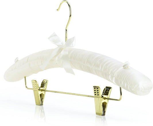 HANGERWORLD Pack of 5 Ivory Satin Padded Hangers with Clips for Skirts, Pants & Sweaters with Non-Slip V1258-DP02-F-301