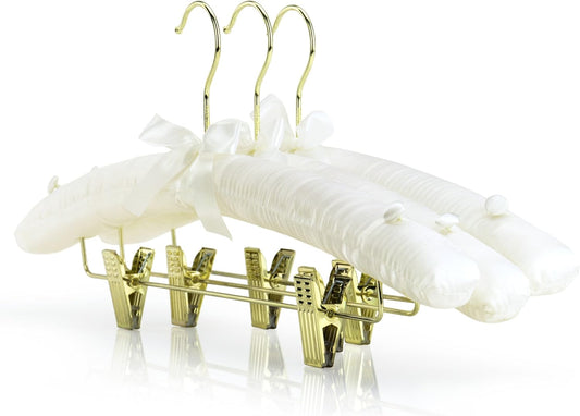 HANGERWORLD Pack of 5 Ivory Satin Padded Hangers with Clips for Skirts, Pants & Sweaters with Non-Slip V1258-DP02-F-301