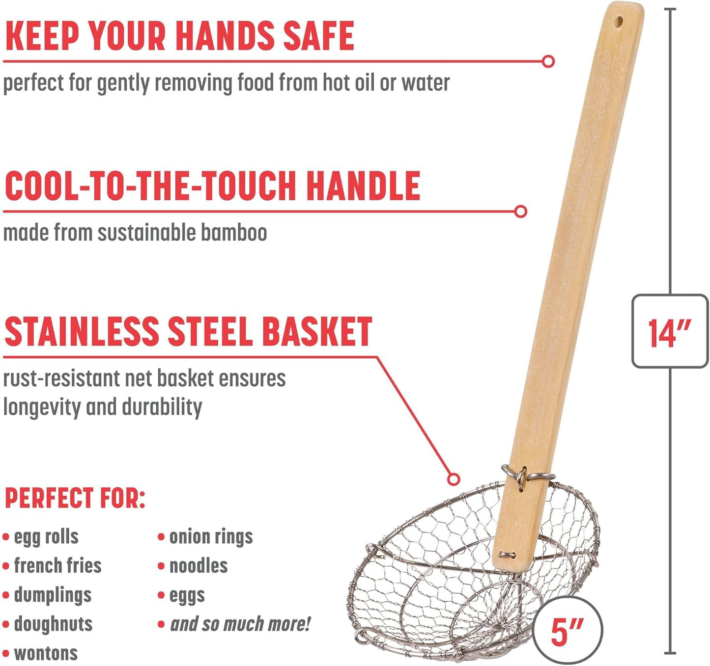 Kitchen Spider Strainer Stainless Steel 5-Inch Wire Basket with Heat-Resistant Bamboo Handle V1258-DP02-F-323