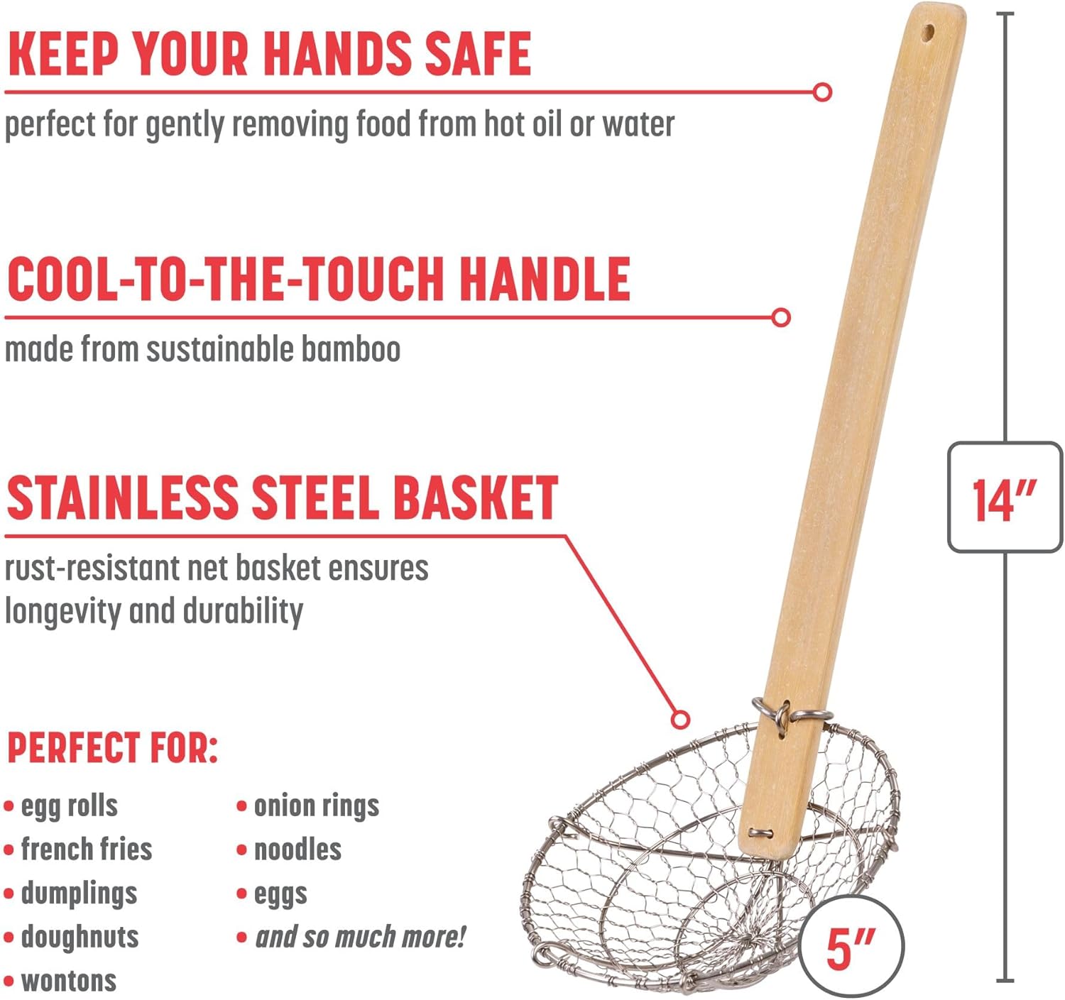 Kitchen Spider Strainer Stainless Steel 5-Inch Wire Basket with Heat-Resistant Bamboo Handle V1258-DP02-F-323