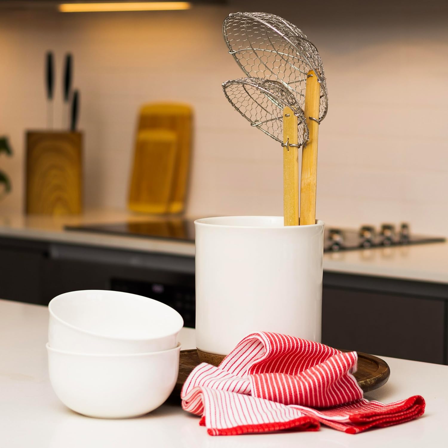 Kitchen Spider Strainer Stainless Steel 5-Inch Wire Basket with Heat-Resistant Bamboo Handle V1258-DP02-F-323
