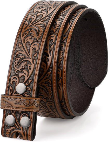 Western Belt Strap for Men without Buckle 1.5" Wide Floral Engraved Embossed Leather Belt Strap V1258-DP02-F-364