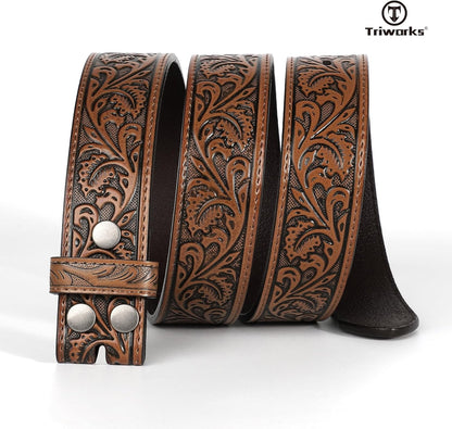 Western Belt Strap for Men without Buckle 1.5" Wide Floral Engraved Embossed Leather Belt Strap V1258-DP02-F-364