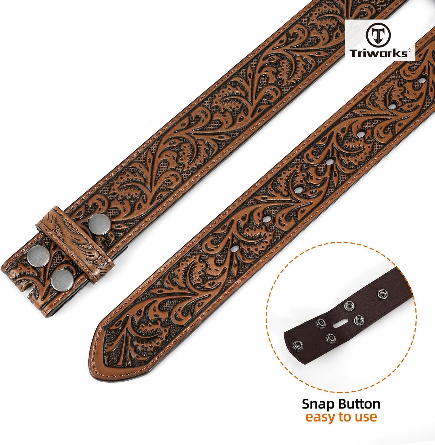 Western Belt Strap for Men without Buckle 1.5" Wide Floral Engraved Embossed Leather Belt Strap V1258-DP02-F-364
