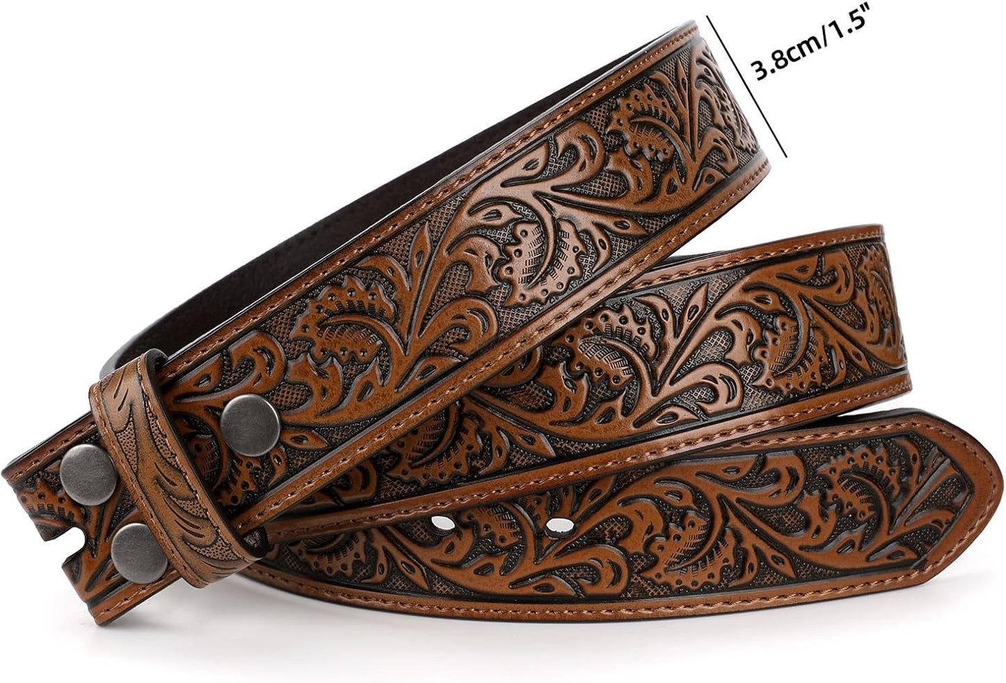 Western Belt Strap for Men without Buckle 1.5" Wide Floral Engraved Embossed Leather Belt Strap V1258-DP02-F-364