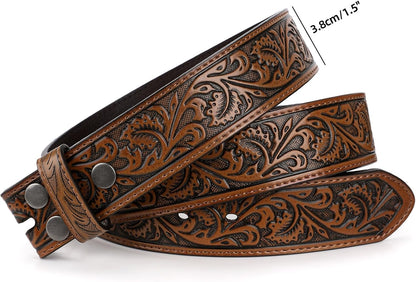 Western Belt Strap for Men without Buckle 1.5" Wide Floral Engraved Embossed Leather Belt Strap V1258-DP02-F-364