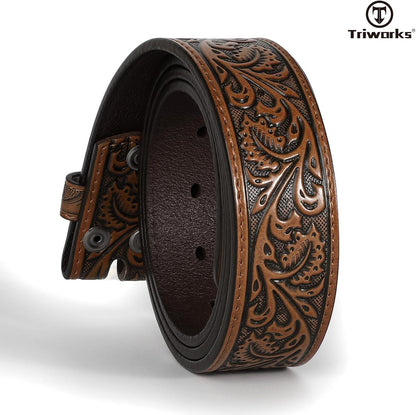 Western Belt Strap for Men without Buckle 1.5" Wide Floral Engraved Embossed Leather Belt Strap V1258-DP02-F-364