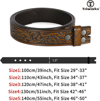 Western Belt Strap for Men without Buckle 1.5" Wide Floral Engraved Embossed Leather Belt Strap V1258-DP02-F-364