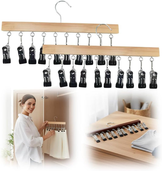 2 Pack Legging Hanger for Closet, with 10 Non Slip Clips Each, Wooden Clothes Hanger for Home Use, Space V1258-DP02-F-37