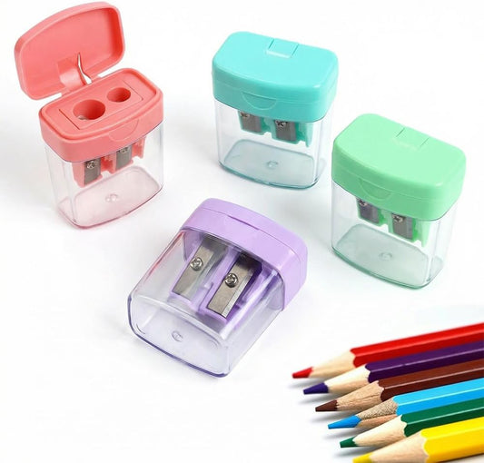 4 Pcs Pencil Sharpeners with Lid, Dual Holes Handheld Pencil Sharpener, Compatible with Standard and Jumbo V1258-DP02-F-38