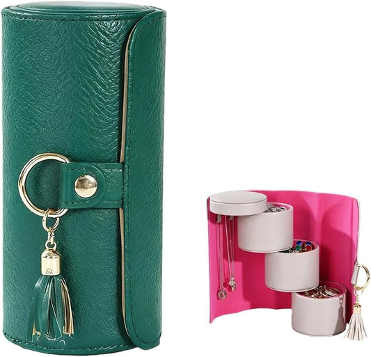Travel Jewelry Case, 3-Layer Rotating Jewelry Organizer with Secure Snaps, Portable PU Leather Jewelry V1258-DP02-F-384