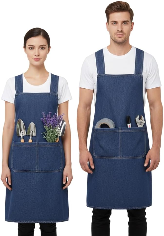 Lightweight Cotton Denim Apron with Front Pocket, Adjtable Bib Apron for Men Women Chef Apron, Kitchen Apron V1258-DP02-F-385