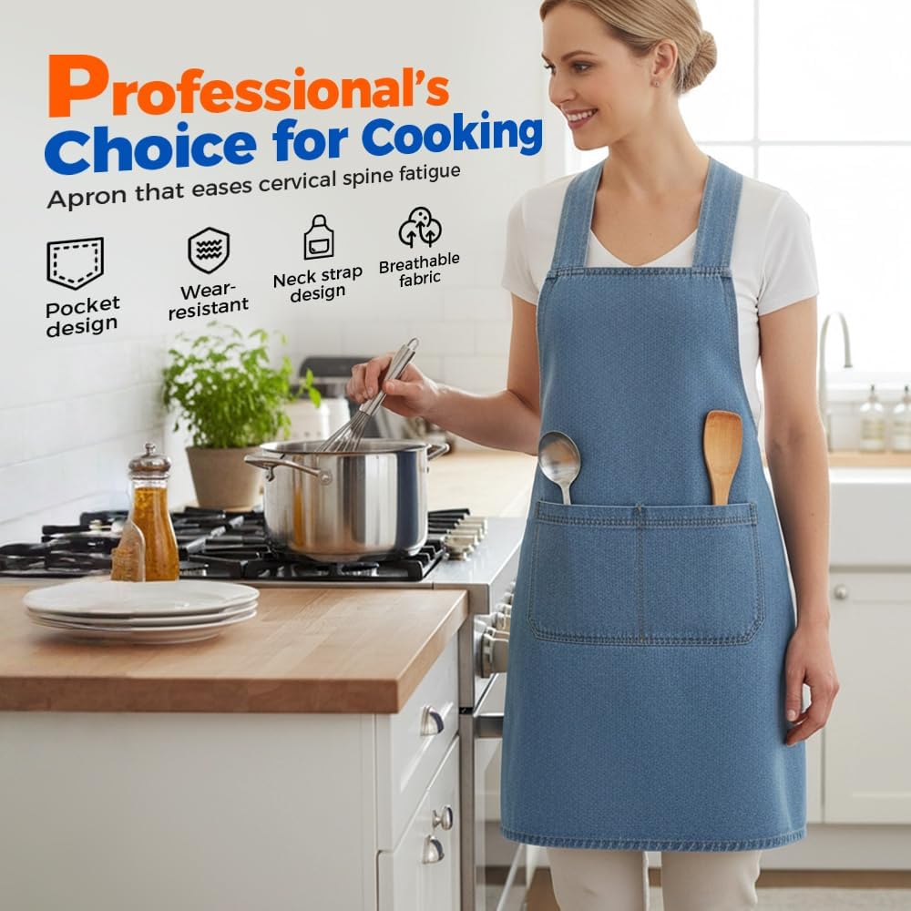 Lightweight Cotton Denim Apron with Front Pocket, Adjtable Bib Apron for Men Women Chef Apron, Kitchen Apron V1258-DP02-F-385
