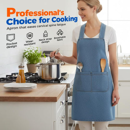 Lightweight Cotton Denim Apron with Front Pocket, Adjtable Bib Apron for Men Women Chef Apron, Kitchen Apron V1258-DP02-F-385