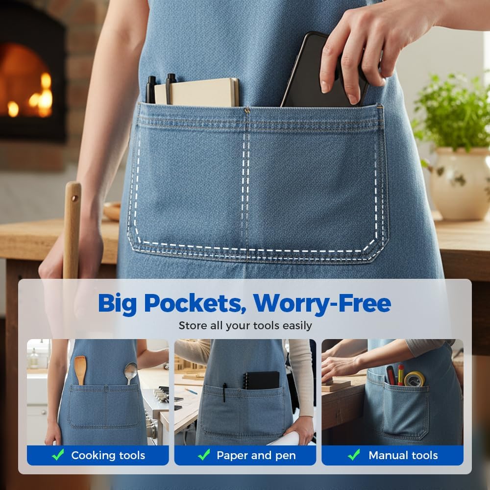 Lightweight Cotton Denim Apron with Front Pocket, Adjtable Bib Apron for Men Women Chef Apron, Kitchen Apron V1258-DP02-F-385