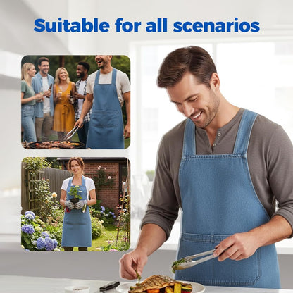 Lightweight Cotton Denim Apron with Front Pocket, Adjtable Bib Apron for Men Women Chef Apron, Kitchen Apron V1258-DP02-F-385
