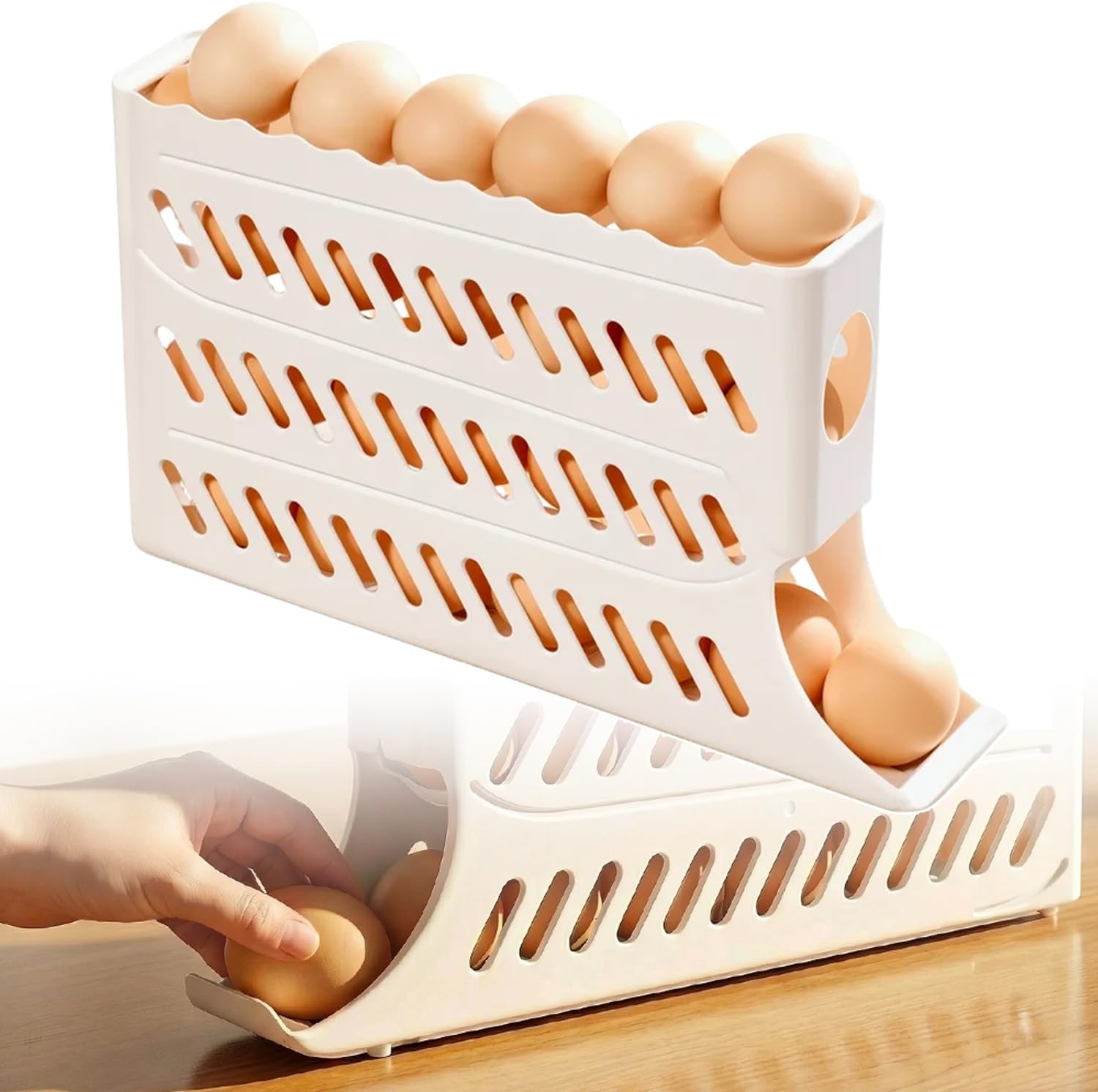 2026 Egg Holder for Fridge, Upgraded 4 Tiers Automatic Rolling Egg Dispenser, No Assembly Required Easy V1258-DP02-F-39