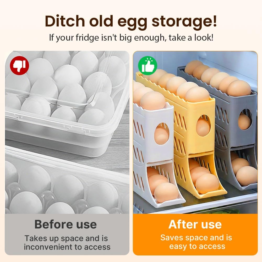 2026 Egg Holder for Fridge, Upgraded 4 Tiers Automatic Rolling Egg Dispenser, No Assembly Required Easy V1258-DP02-F-39
