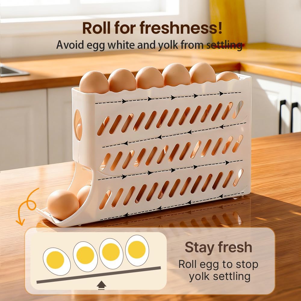 2026 Egg Holder for Fridge, Upgraded 4 Tiers Automatic Rolling Egg Dispenser, No Assembly Required Easy V1258-DP02-F-39