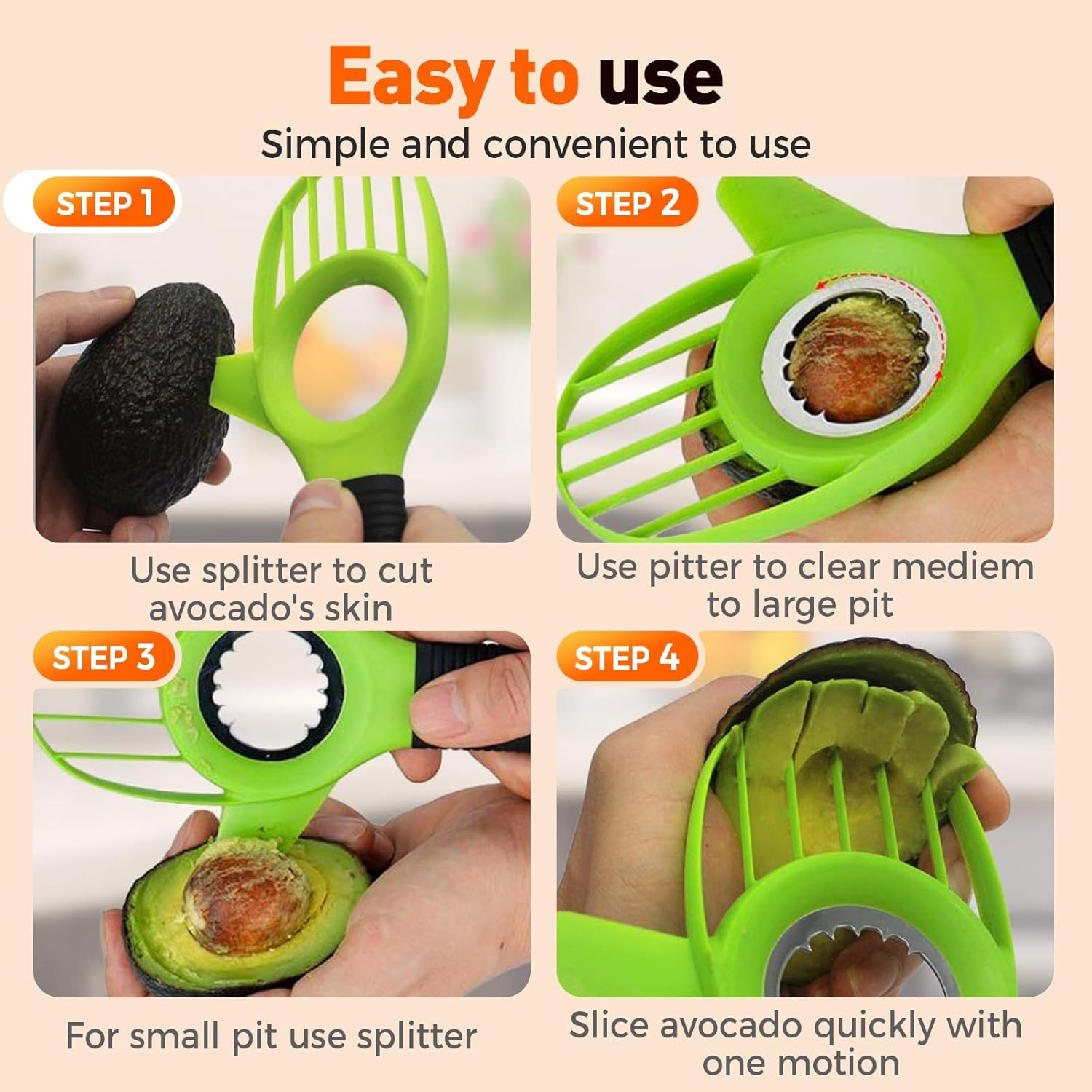 3-in-1 Avocado Slicer Tool, Multi-Function Splitter Pitter Cutter, Silicone Comfort-Grip Handle Avocado V1258-DP02-F-390