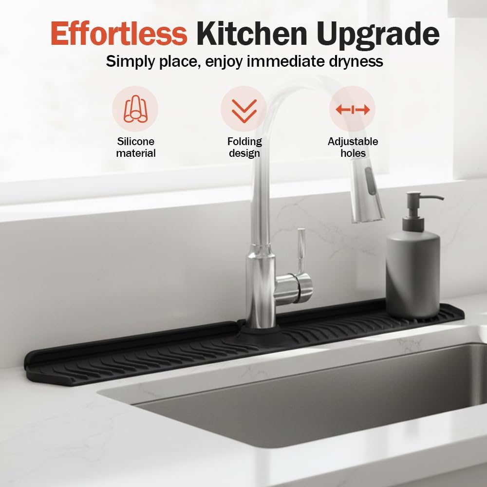 Kitchen Sink Faucet Mat, 30in Extra Long Foldable Silicone Faucet Guard & Splash Guard, 2026 Multi-Functional V1258-DP02-F-397