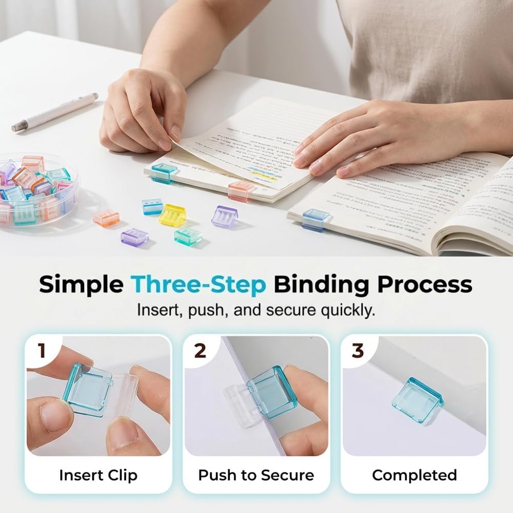 Clip-on Bookmarks - 30 Pack Transparent Color Push Paper Clips with Storage Box, Reusable Plastic Paper V1258-DP02-F-40