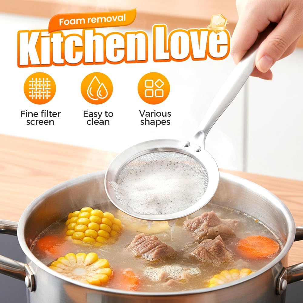 Fine-Mesh Kitchen Strainer - 2026 Upgraded Stainless Steel Sieve with Handle, Multi-Purpose Strainer for V1258-DP02-F-403