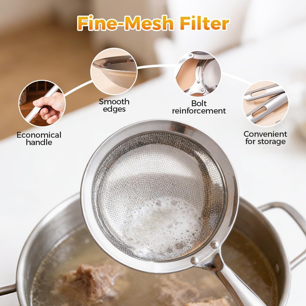 Fine-Mesh Kitchen Strainer - 2026 Upgraded Stainless Steel Sieve with Handle, Multi-Purpose Strainer for V1258-DP02-F-403