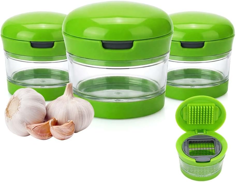 Mini Garlic Chopper and Press with Storage Container, Manual Garlic Mincer Crher Cutter, Premium Stainless V1258-DP02-F-425