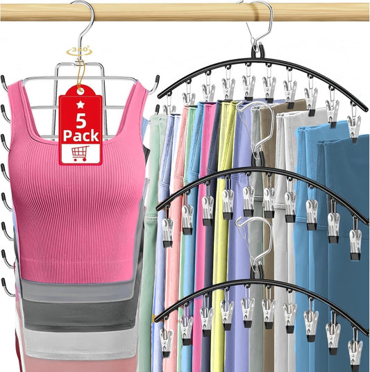 5 Pack Legging Organizer for Closet Hanging, 3 Pants Leggings Hangers with 30 Clips, 1 Tank Top Hanger, 1 V1258-DP02-F-467