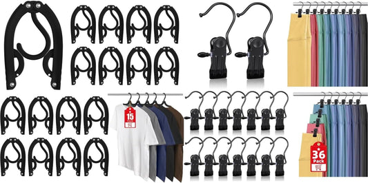 15 Pcs Travel Hangers Portable Foldable Travel Hanger Organizer and 36 Pack Boot Hangers Clips for Closet, V1258-DP02-F-470