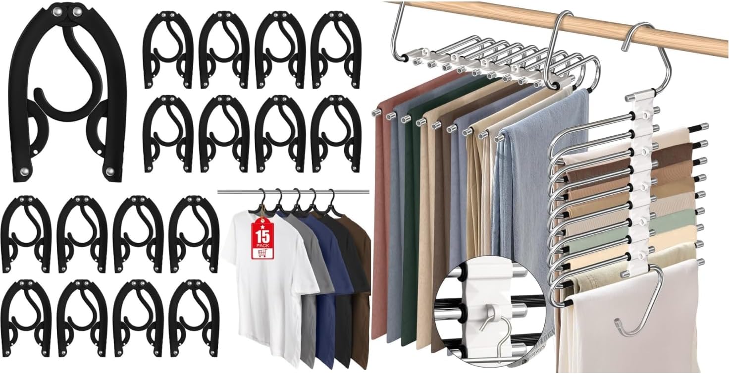 15 Pcs Travel Hangers Portable Foldable Travel Hanger Organizer 2 Pack 9 Layers Pants Hangers Space Saving V1258-DP02-F-472