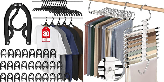 30 Pcs Travel Hangers Portable Foldable Travel Hanger Organizer and 2 Pack 9 Layers Pants Hangers Space V1258-DP02-F-474