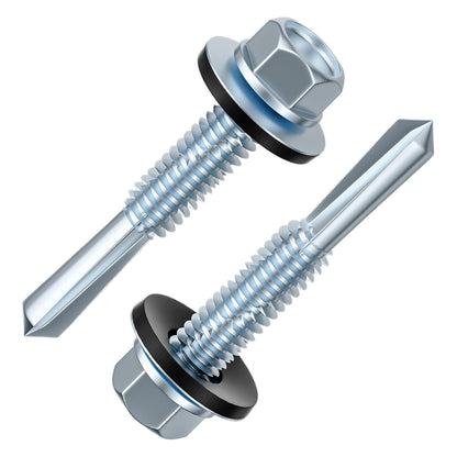 (300pcs) #12X1-1/4 Extended Hexagonal self-Tapping zinc-Plated Screws with Rubber washers,10mm Steel Plate V1258-DP02-F-483