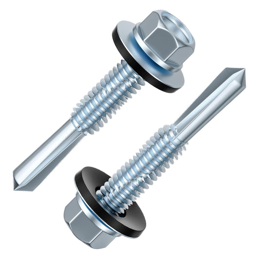 (300pcs) #12X1-1/4 Extended Hexagonal self-Tapping zinc-Plated Screws with Rubber washers,10mm Steel Plate V1258-DP02-F-483