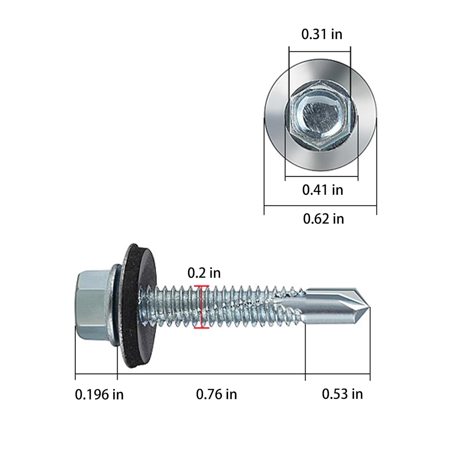 (300pcs) #12X1-1/4 Extended Hexagonal self-Tapping zinc-Plated Screws with Rubber washers,10mm Steel Plate V1258-DP02-F-483