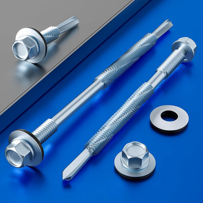 (300pcs) #12X1-1/4 Extended Hexagonal self-Tapping zinc-Plated Screws with Rubber washers,10mm Steel Plate V1258-DP02-F-483