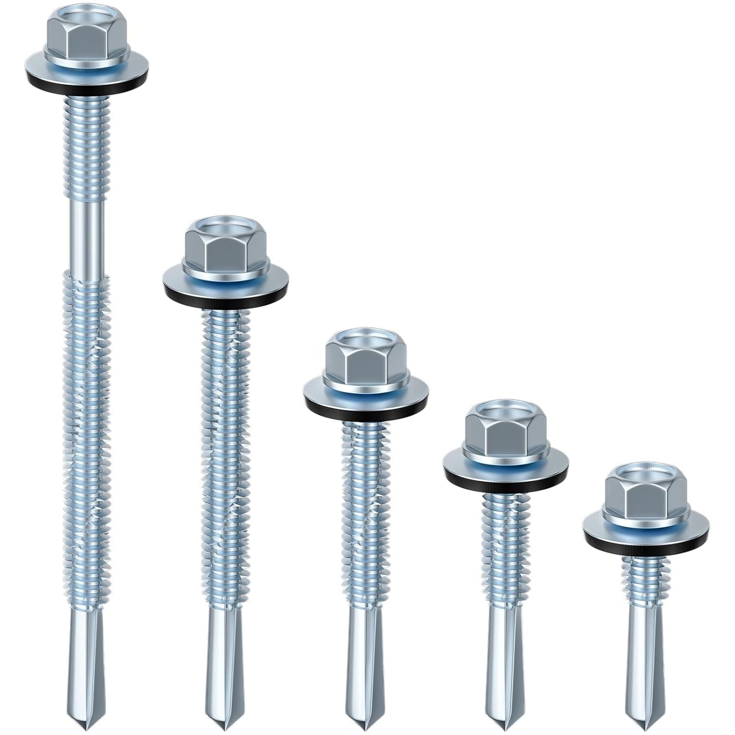 (300pcs) #12X1-1/4 Extended Hexagonal self-Tapping zinc-Plated Screws with Rubber washers,10mm Steel Plate V1258-DP02-F-483