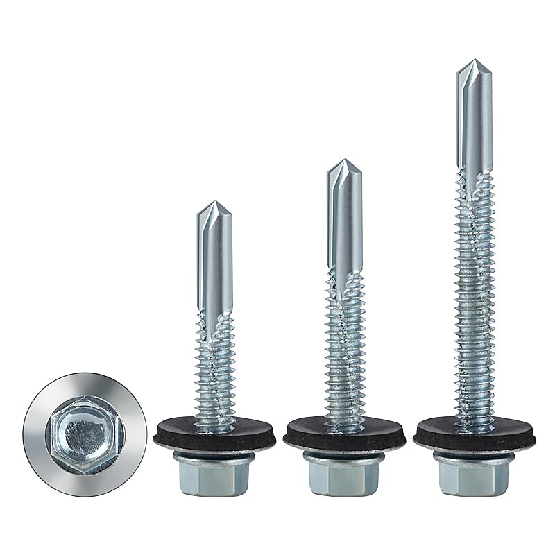 (300pcs) #12X1-1/4 Extended Hexagonal self-Tapping zinc-Plated Screws with Rubber washers,10mm Steel Plate V1258-DP02-F-483