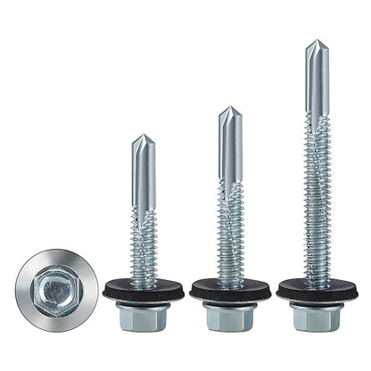 (300pcs) #12X1-1/4 Extended Hexagonal self-Tapping zinc-Plated Screws with Rubber washers,10mm Steel Plate V1258-DP02-F-483