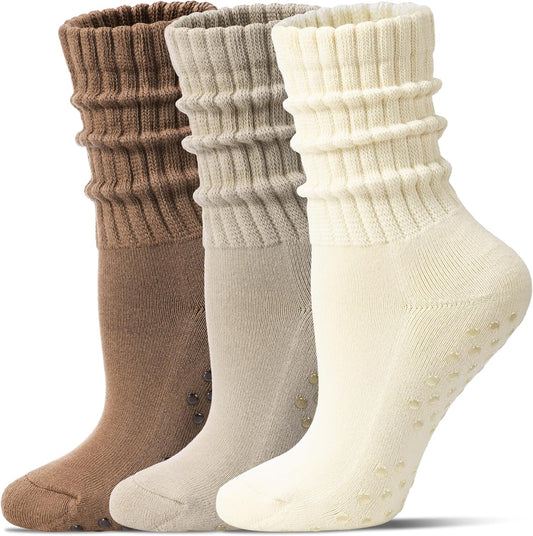 Pilates Socks for Women Mid Calf Slouch Yoga Socks with Non Slip Grippers for Barre Boot Sock 3 Pairs V1258-DP02-F-503