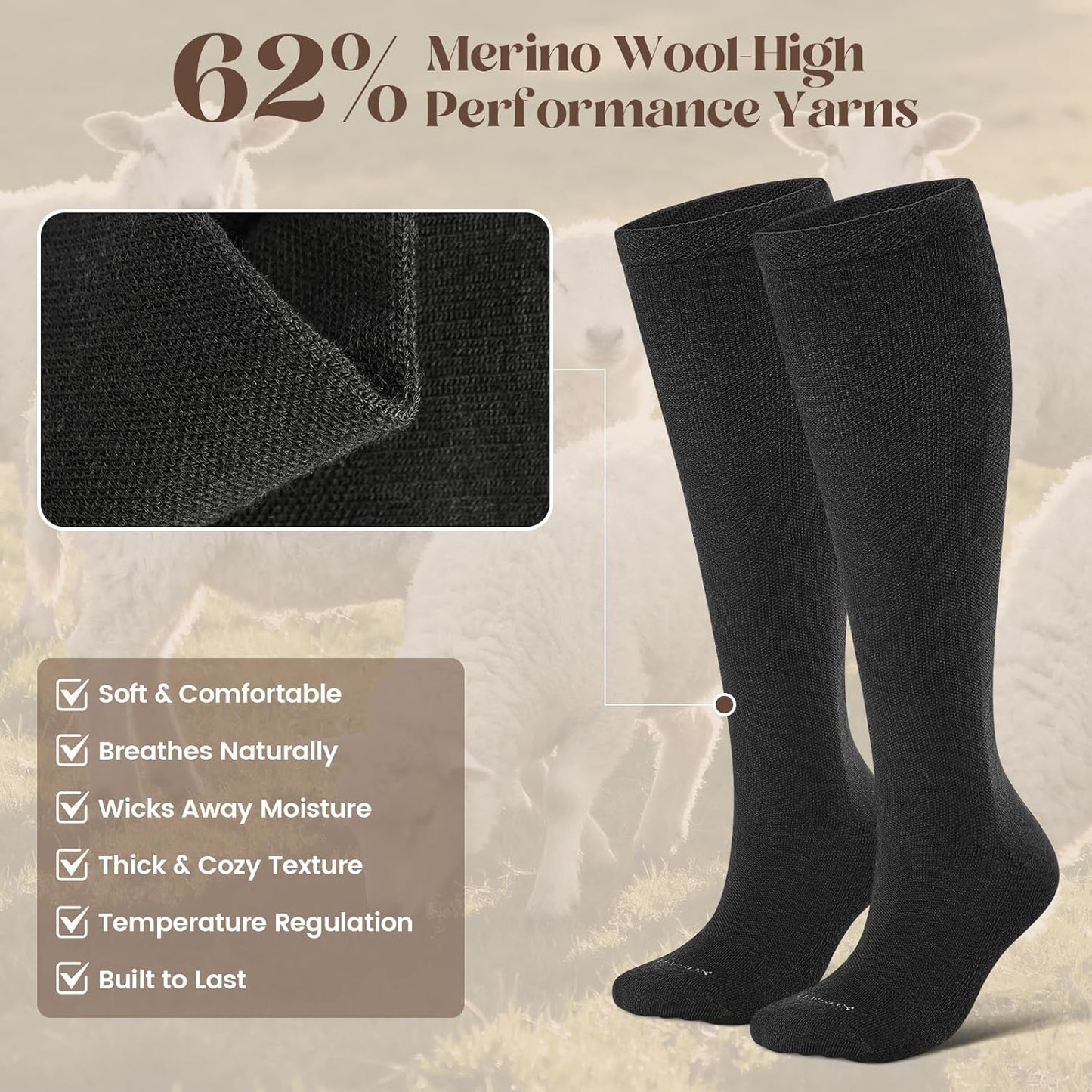 Thick Merino Wool Compression Socks for Women and Men 20-30mmHg Knee High Support Socks for Flying Nurses V1258-DP02-F-509