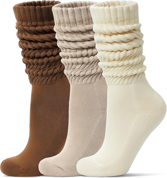 Women's Slouch Socks Long Boot Scrunch Sock Soft Cotton Knit Cozy Socks 3 Pairs V1258-DP02-F-510
