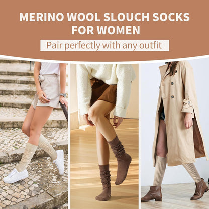 Merino Wool Slouch Socks for Women Soft Knee High Scrunch Warm Cozy Stacked Boot Socks 3 Pack V1258-DP02-F-511